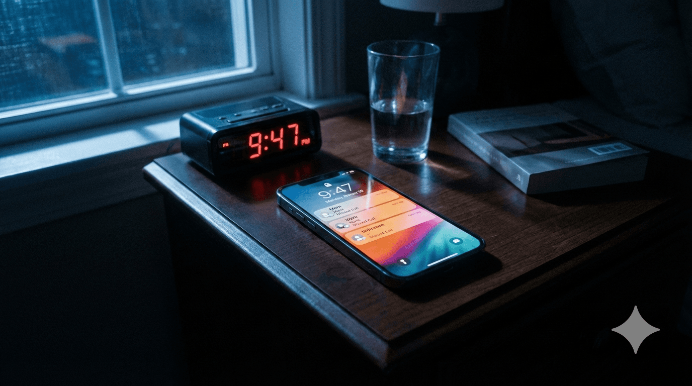 Smartphone showing missed calls at night on a bedside table