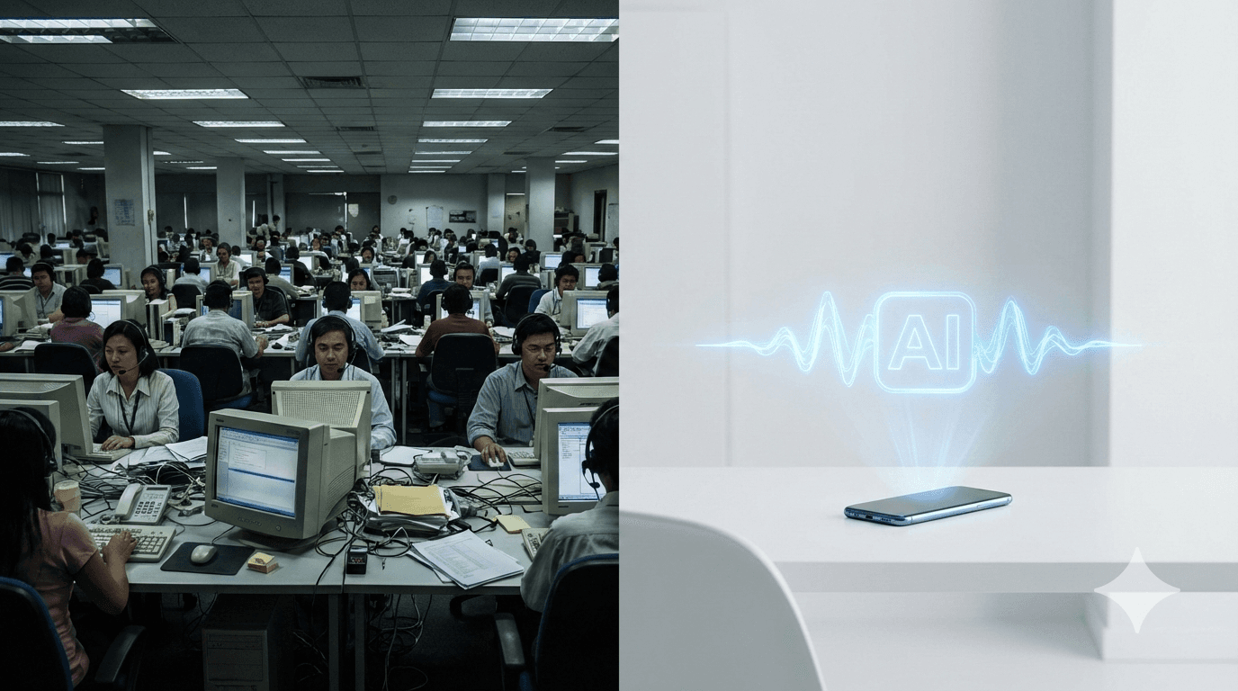 Split screen comparing AI receptionist interface with traditional call center