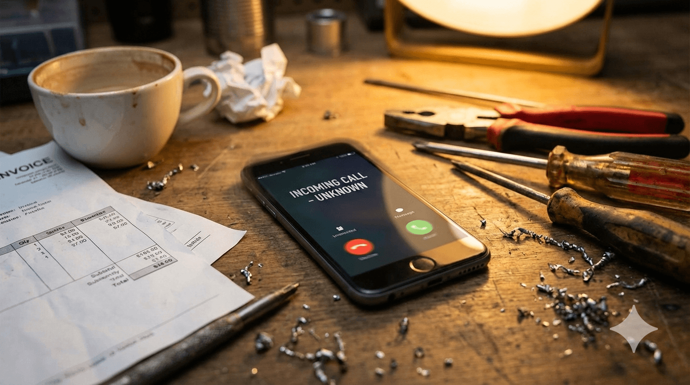Phone ringing on a busy work desk with missed call notifications