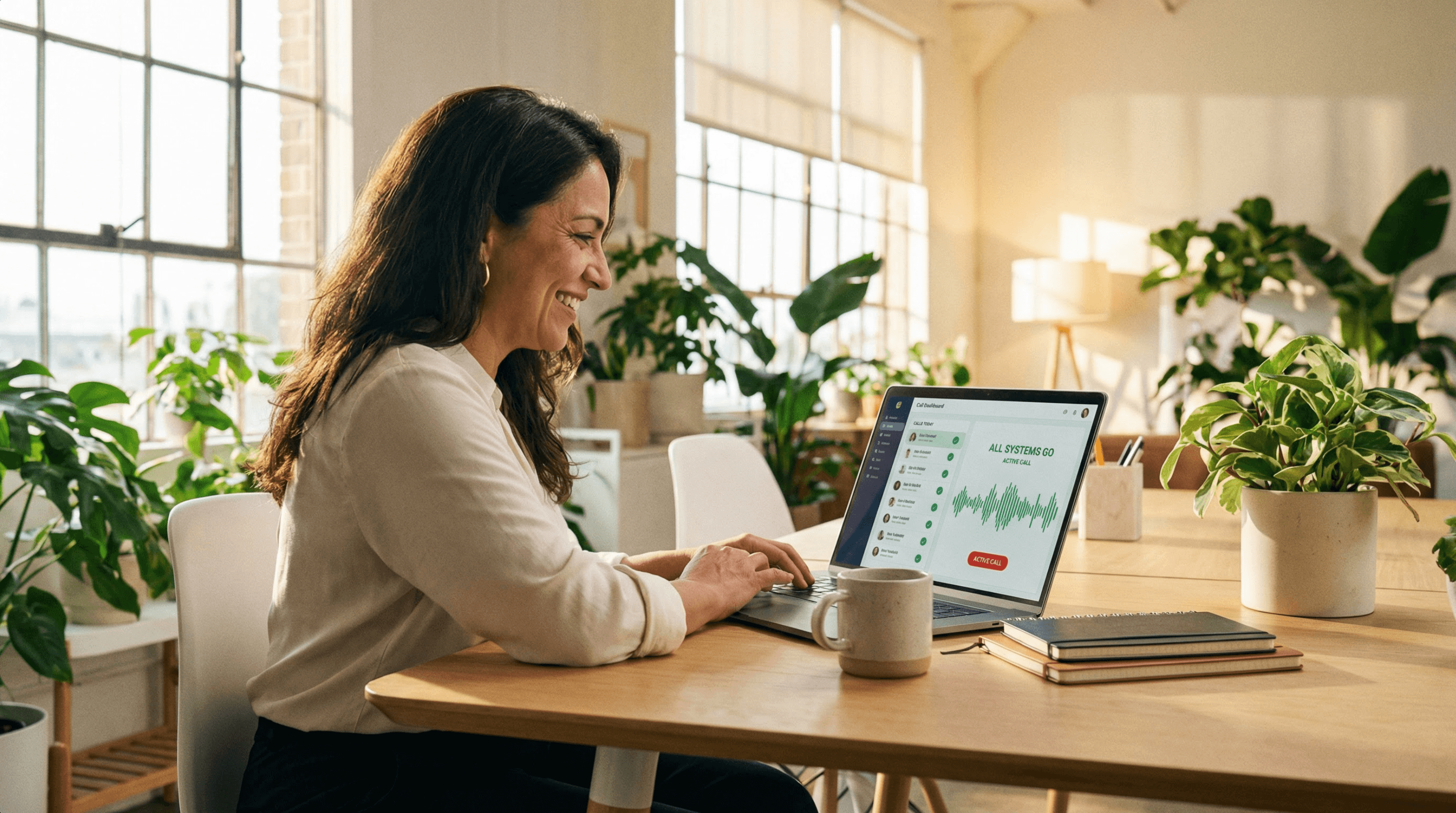 Business owner reviewing AI receptionist call dashboard on laptop